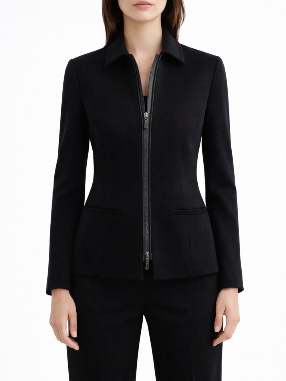 Agnona Black Tailored Wool Jacket with Leather Trim – Made in Italy